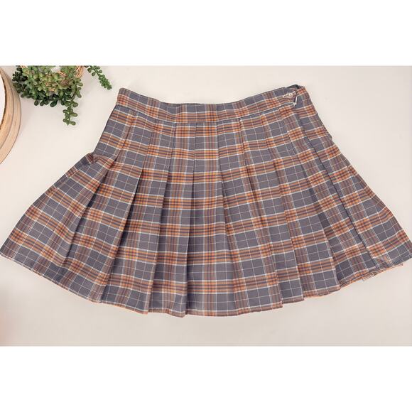 Plaid Pleated Mini Skirt‎ Gray Orange High Waist Preppy Schoolgirl Style - Picture 2 of 6